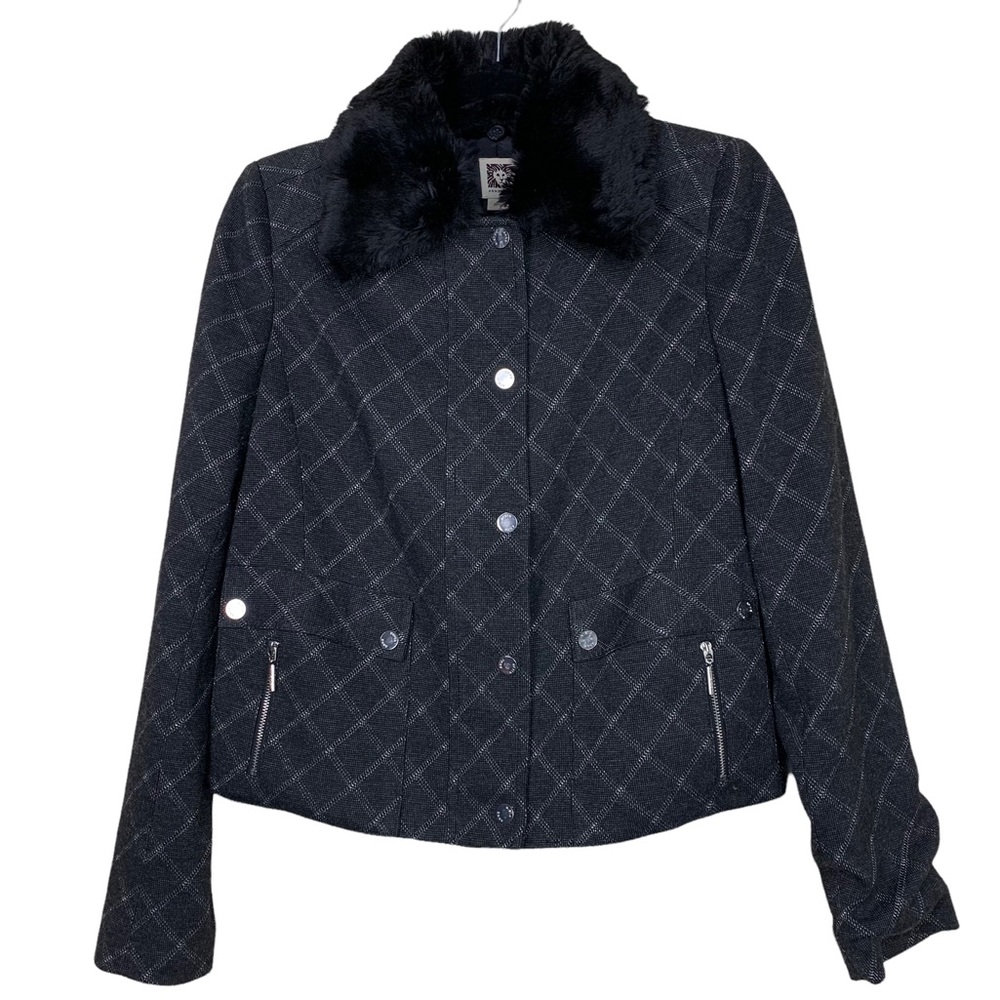 Anne Klein Metallic Plaid Faux Fur Collar Zip Up Snap Black Silver Jacket 4